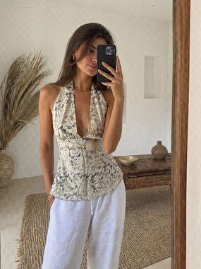 Y2K Express 95% Silk Halter Top Cream Boho Paisley Open Back Camisole XS